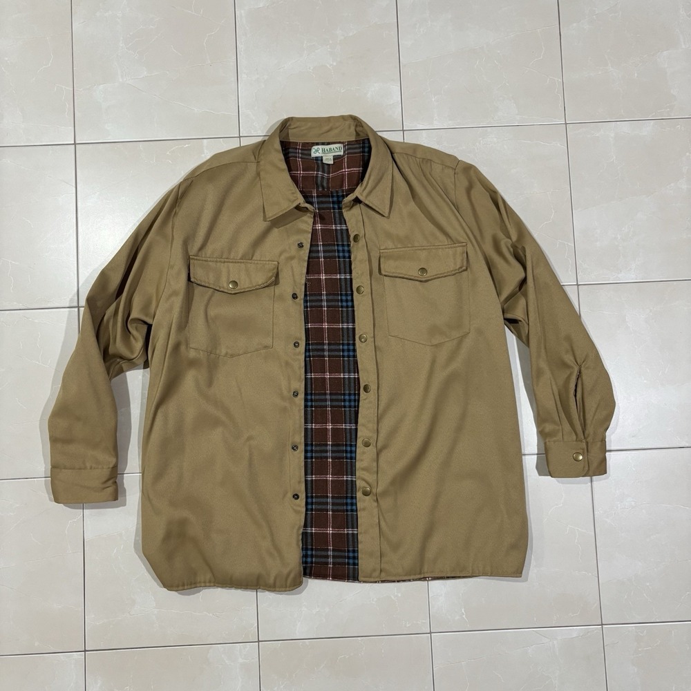 Vintage Haband Flannel Lined Chore Coat Tan Beige Barn Jacket Men's Large 90s